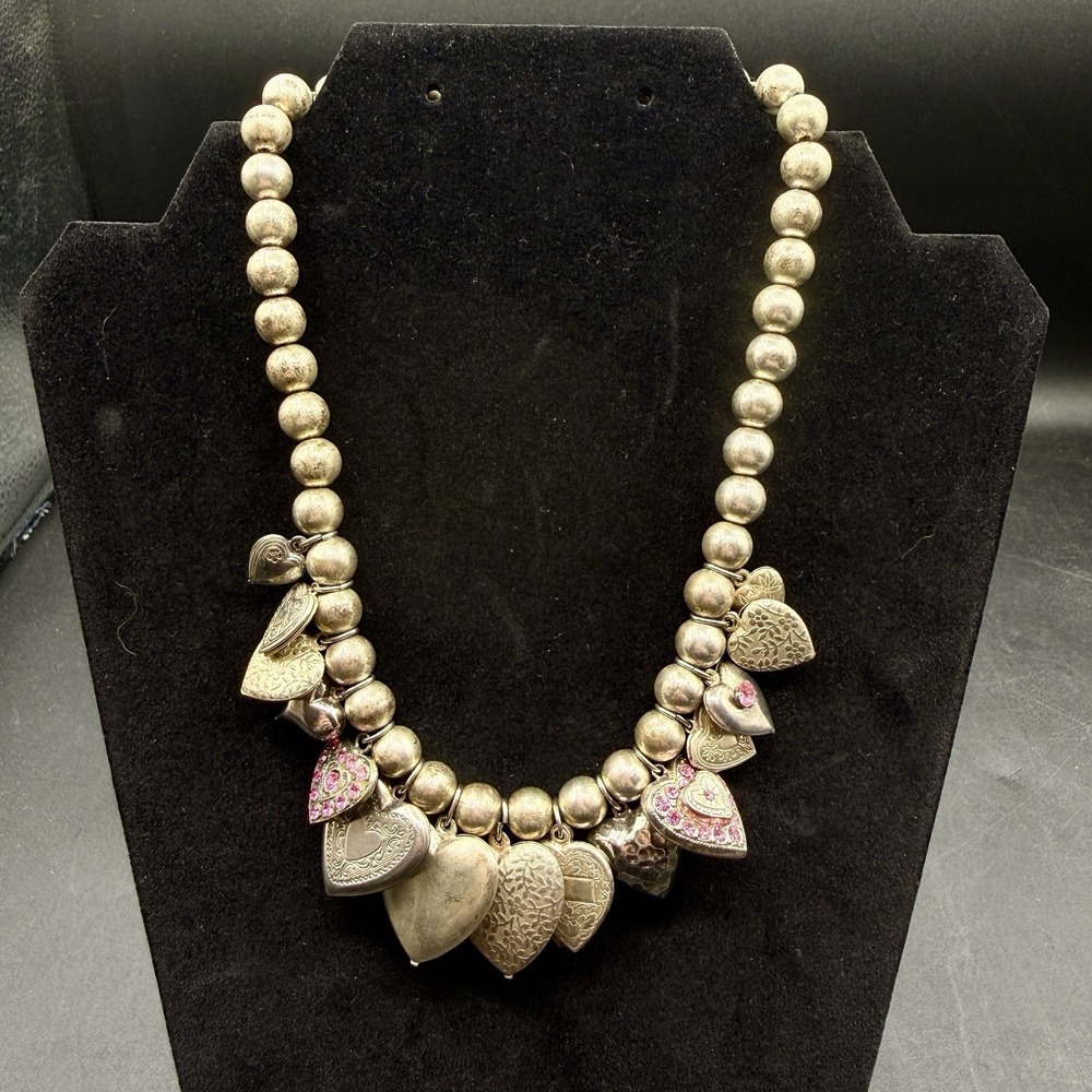 VTG Pididdly LINKS Style Necklace 15" HEARTS Charms SILVER Locket Pink Valentine